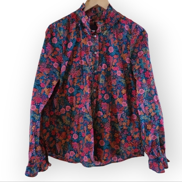 J.Crew Liberty London Ciara Floral Print Blouse Ruffle Collar Pink Black Green - Picture 3 of 17